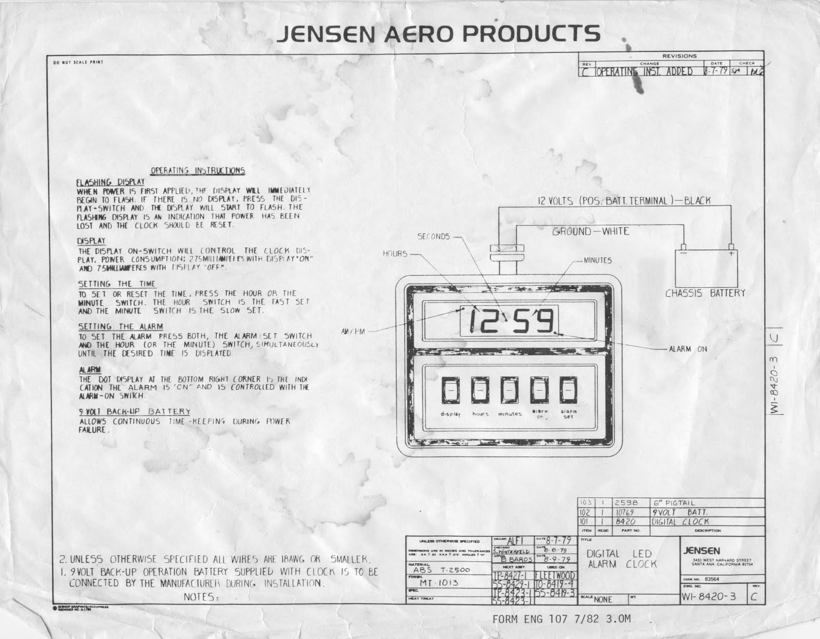 1983 Fleetwood Pace Arrow Owners Manuals: Digital alarm clock instructions